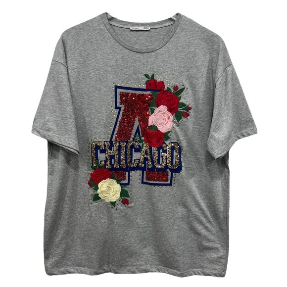 Zara Size M Sequined Embroidered Chicago T-Shirt Tee Gray Short Sleeve Oversized - Picture 1 of 4